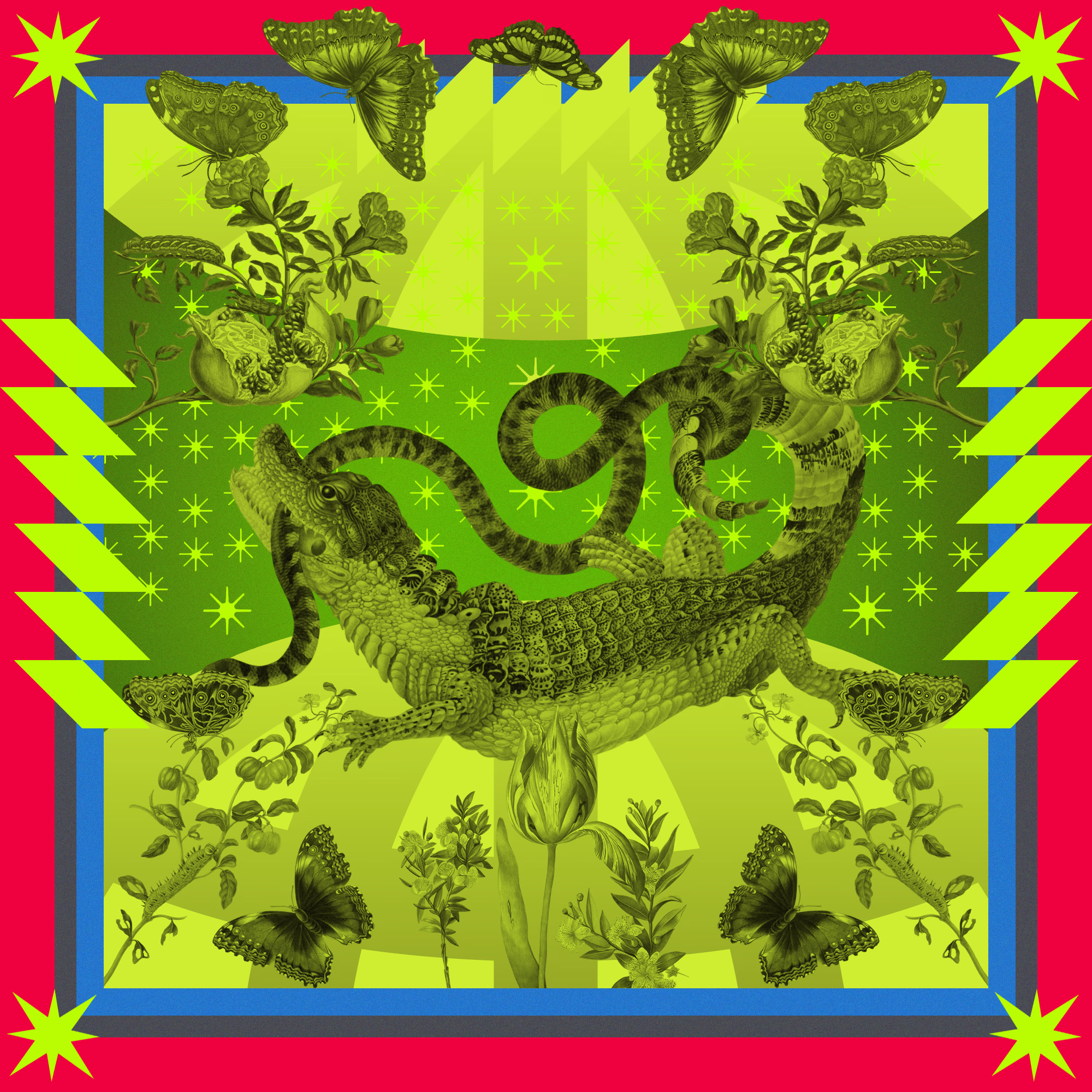 Сюрреалистичная иллюстрация: в центре композиции крокодил, переплетенный со змеей, в окружении бабочек, цветов и листвы на контрастном красно-зеленом фоне.