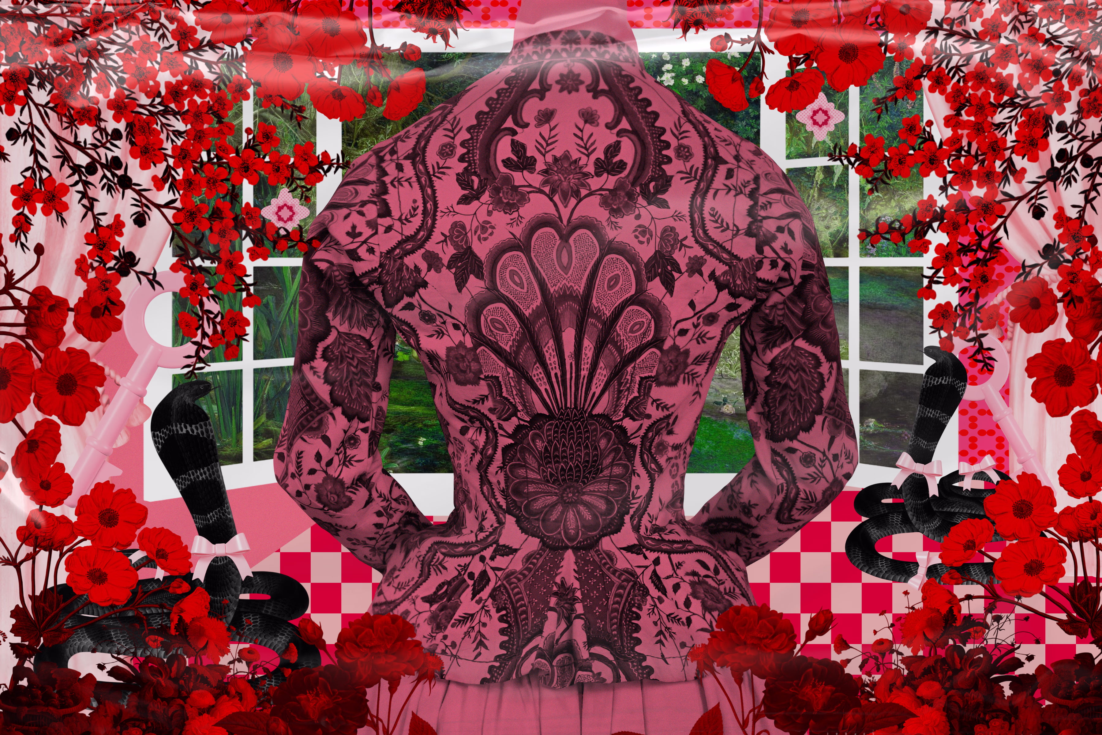 Девушка в детализированном, симметричном жакете стоит перед окном. Яркие красные цветы и листья создают живую, замысловатую рамку вокруг сцены. Недалеко от окна, две черные змеи с изящными розовыми бантами замерли в любопытных позах, наблюдая за происходящим.